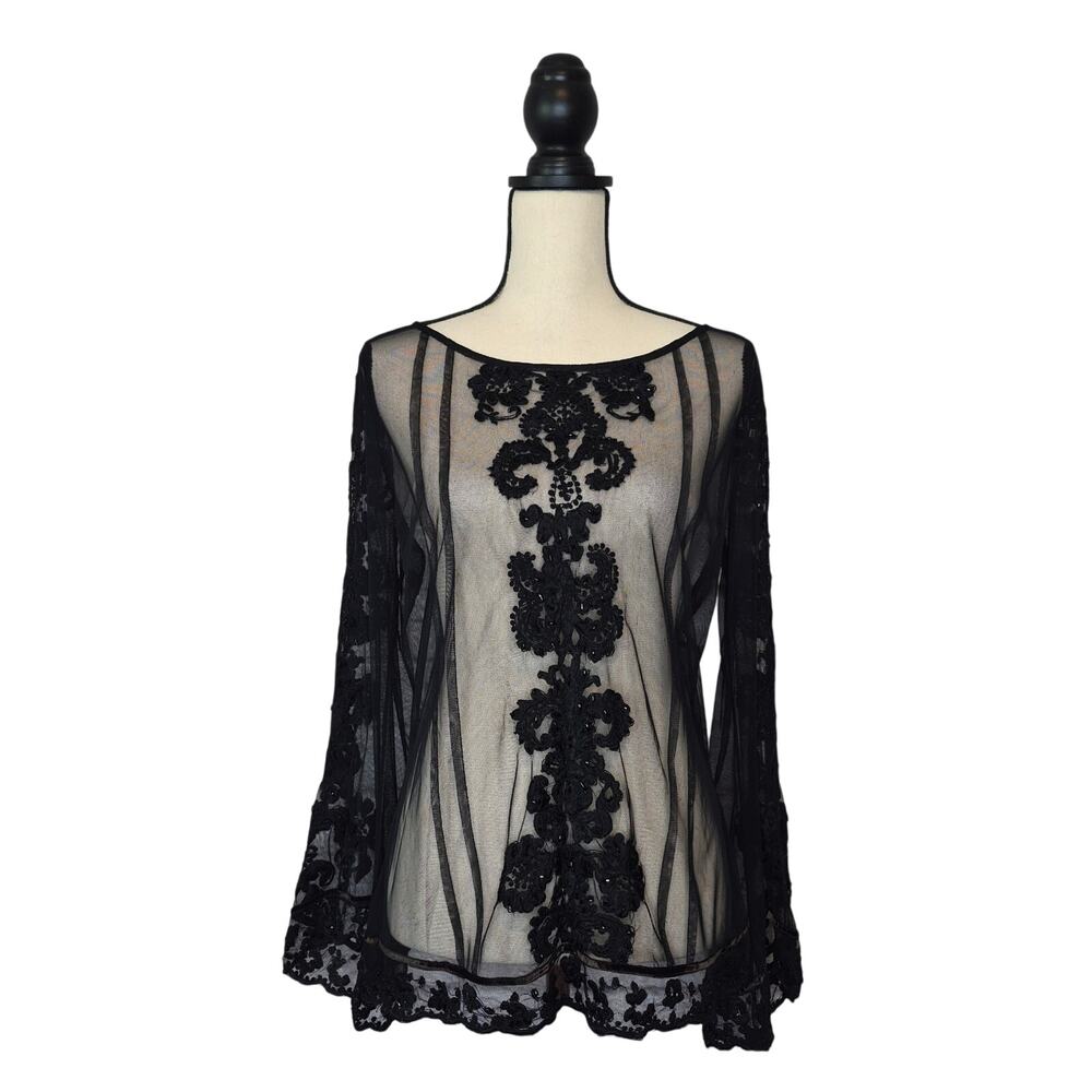 Plenty by Tracy Reese Black Sheer Beaded Mesh Lace Blouse Applique Top Size 10